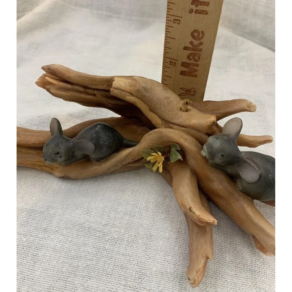 Sculpted Candle Two Mice on Logs in Forest Wax Vintage MCM Plastic Flower 9 inch